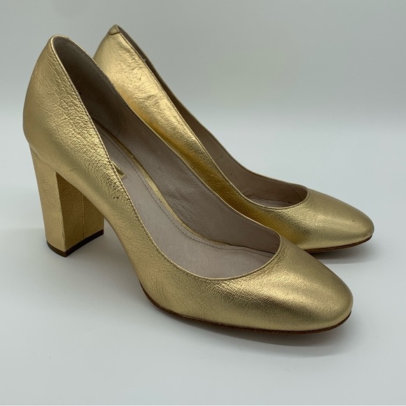 Louise et Cie Leather Metallic Gold Stacked Block Heel Pumps Size US 8.5 EU 38.5 - Picture 8 of 10